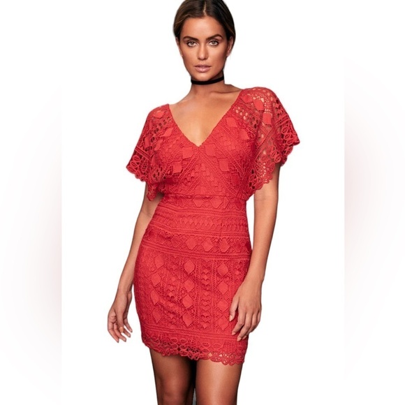 Lulus Mini Dress Coquette XS Lace Feminine Tomato Girl Cherry Red Flutter Sleeve - Picture 1 of 11